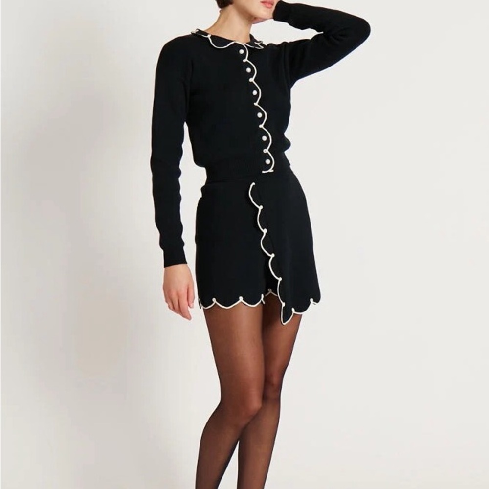 Rachel Antonoff Black Scalloped Trim Cardigan and Skort Set, S